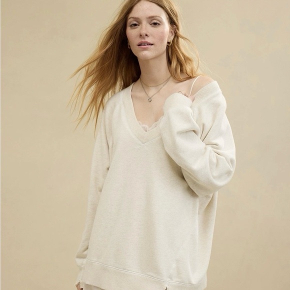 Aerie Downtime Oversized Big Hug V-Neck Sweatshirt Heather Frost Color Sz XXS - Picture 2 of 10